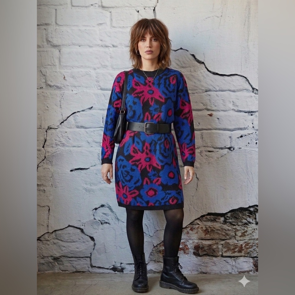 Vintage 90s‎ Sparkle Glitter Blue Fuchsia Floral Knit Sweater Dress Retro Bold